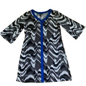 Susan Lawrence Women's Pullover Bl/Wh Midi Dress, 3/4 Bell Sleeves, sz. XL